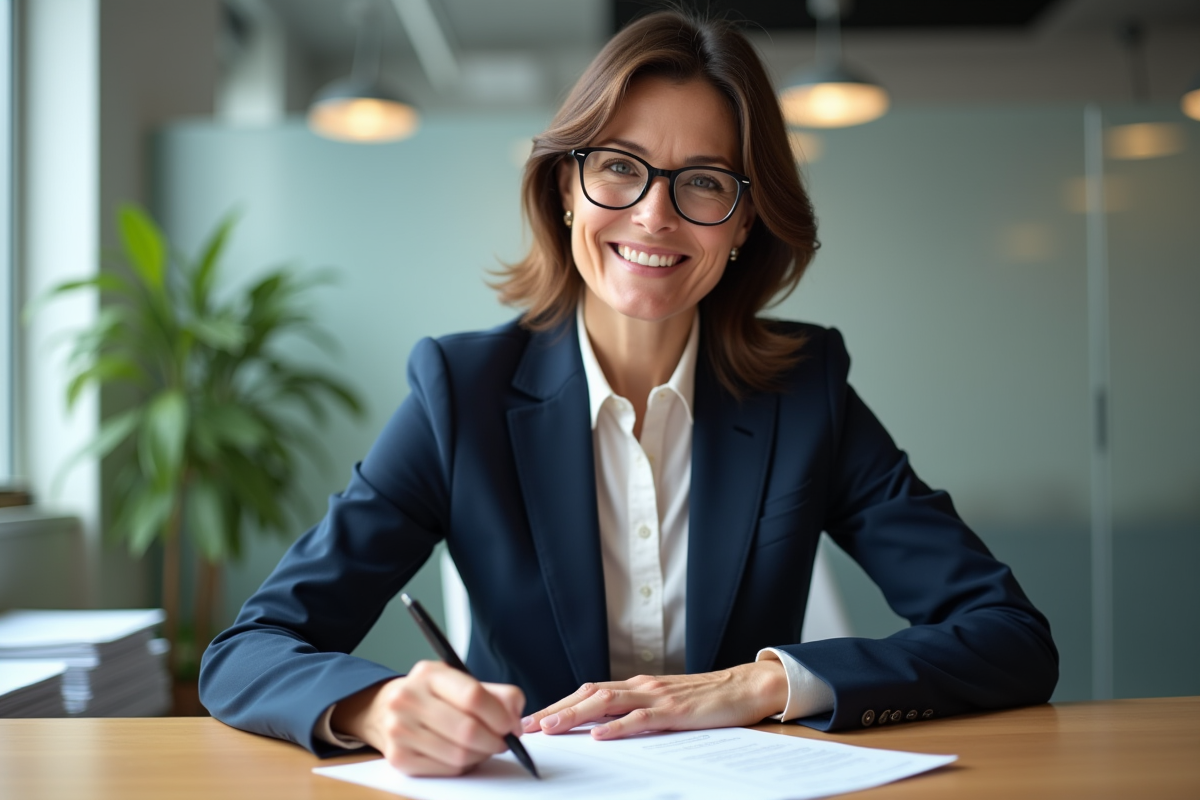 Femme d'affaires signant un document d'assurance dans un bureau moderne