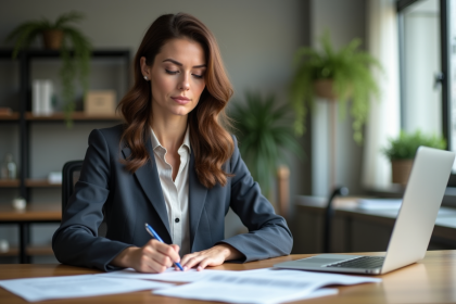 Femme d'affaires signant un contrat immobilier dans un bureau lumineux