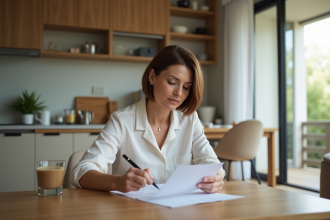 Femme d'âge moyen signant des papiers dans un salon lumineux