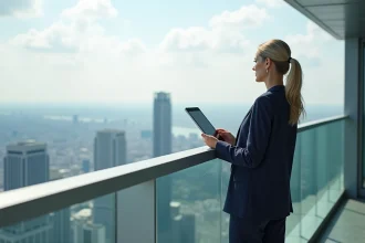 Femme élégante en costume sur terrasse urbaine de luxe
