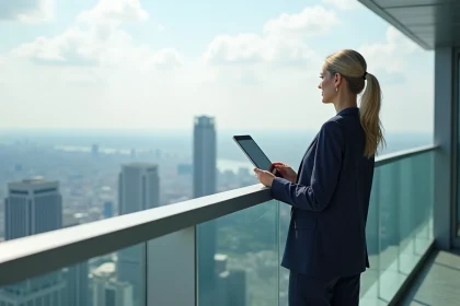 Femme élégante en costume sur terrasse urbaine de luxe