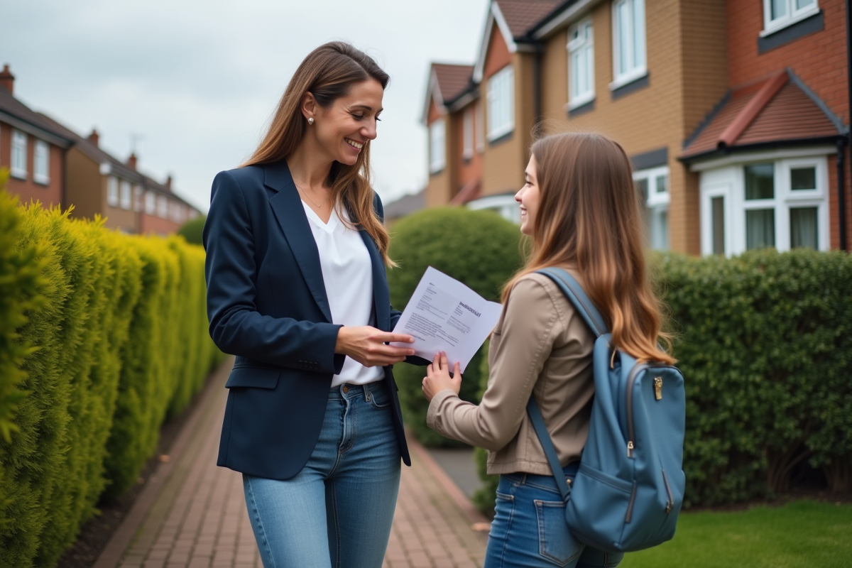 Femme souriante devant sa maison de banlieue avec sa fille