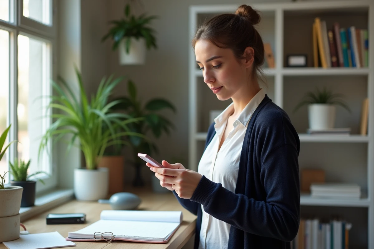 Femme utilisant son smartphone dans un bureau lumineux