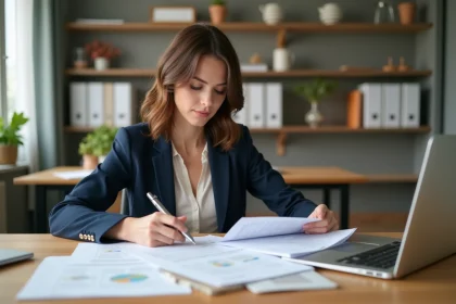 Femme en bureau moderne triant des documents officiels
