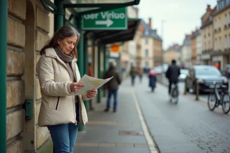 Femme en parka à Troyes regardant une carte