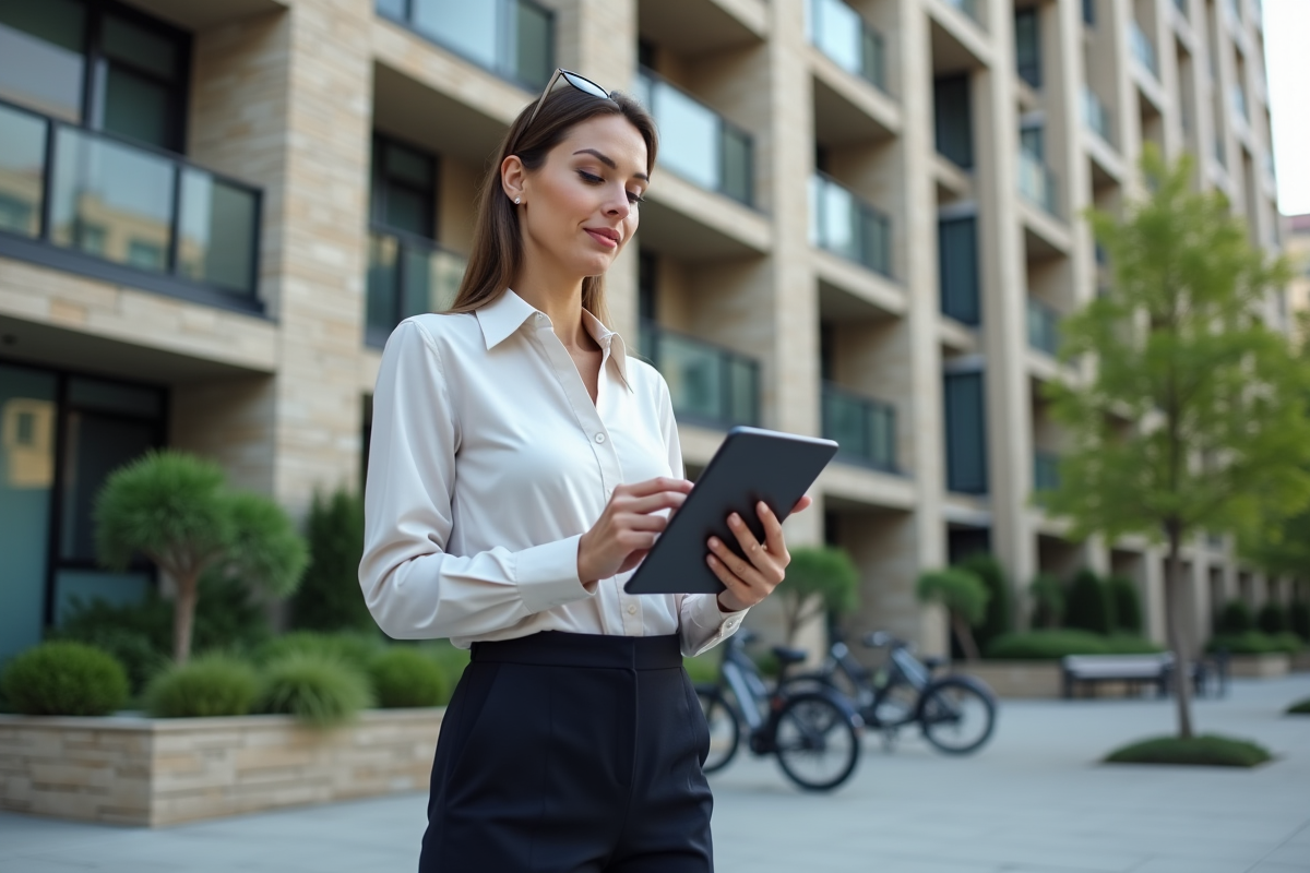 Femme d affaires regardant un rapport sur sa tablette en ville