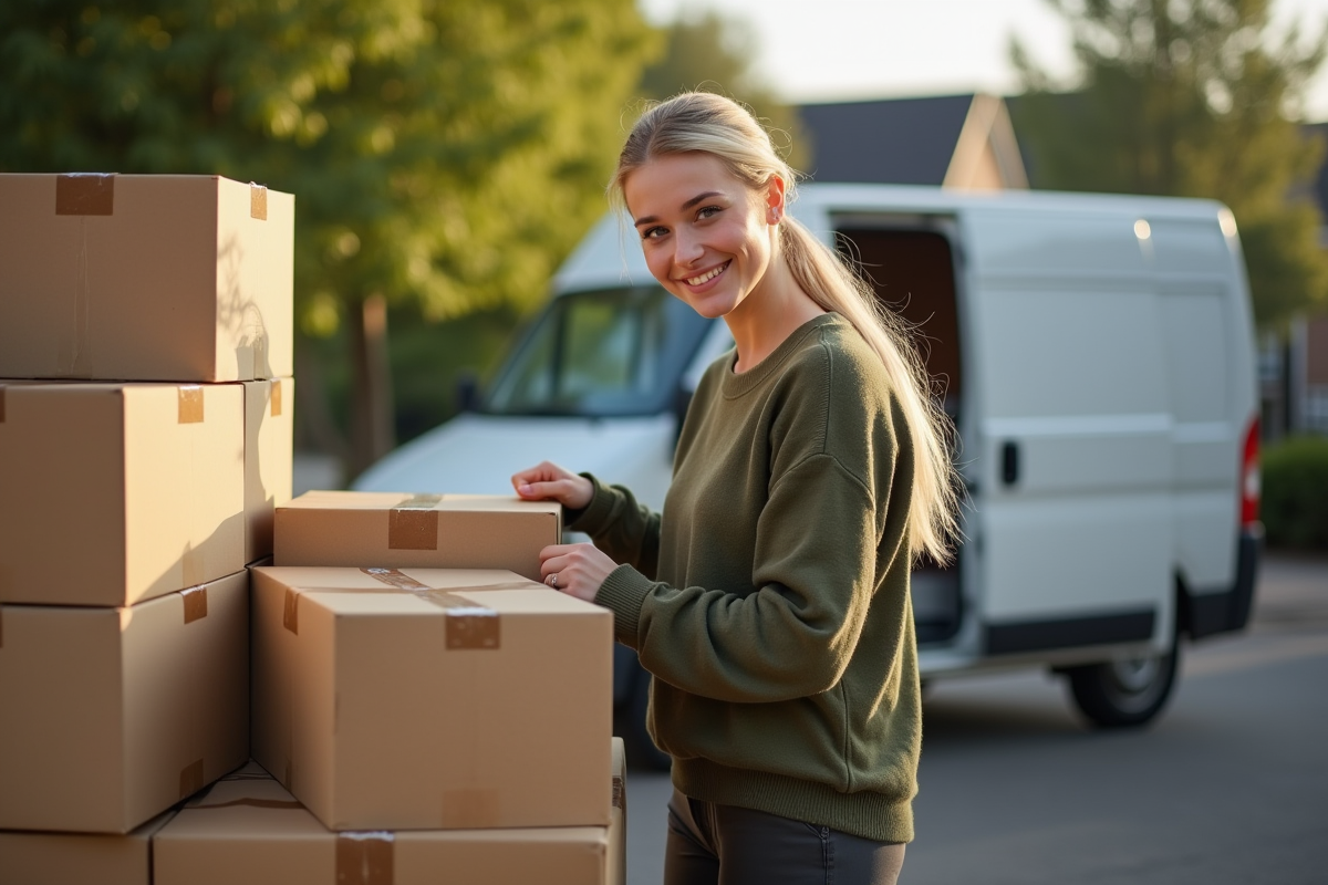 Femme ferme une box de déménagement devant un van dans la rue