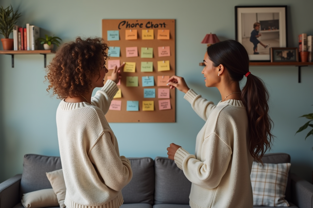 Deux femmes arrangeant un tableau de tâches dans un salon moderne