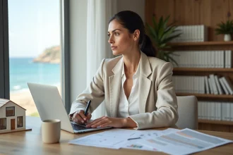Femme consultant des documents de financement immobilier pour l'achat d'un appartement vue sur mer