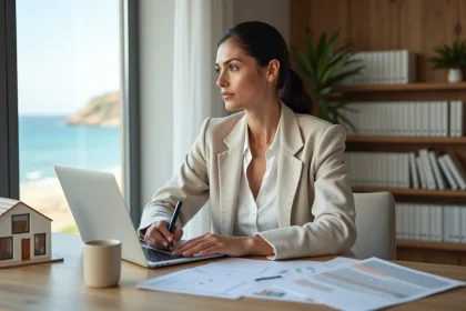 Femme consultant des documents de financement immobilier pour l'achat d'un appartement vue sur mer