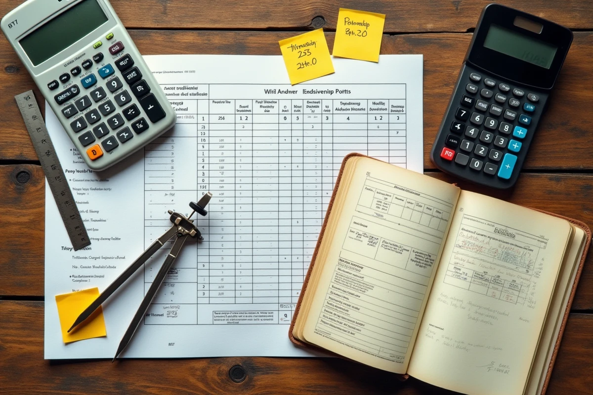Vue aérienne d'un bureau avec bulletin d'indice BT47 imprimé, calculatrice et notes manuscrites pour le calcul d'actualisation de prix de construction