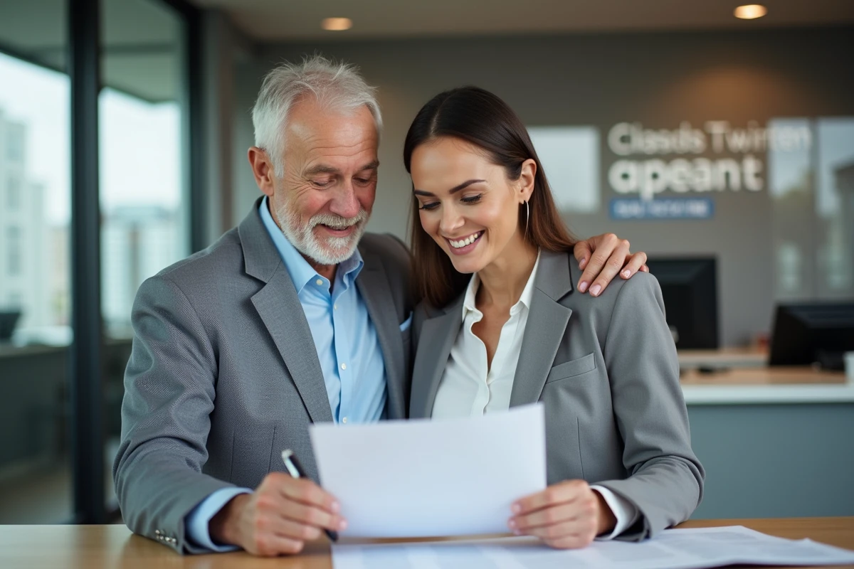 Garant et locataire examinant ensemble une lettre de garantie locative dans une agence immobilière