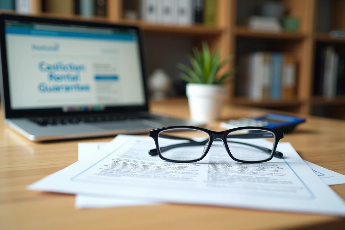 Bureau domestique avec documents de garantie locative pour bailleur louant à une personne handicapée, comprenant calculatrice, lunettes et ordinateur affichant des aides au logement