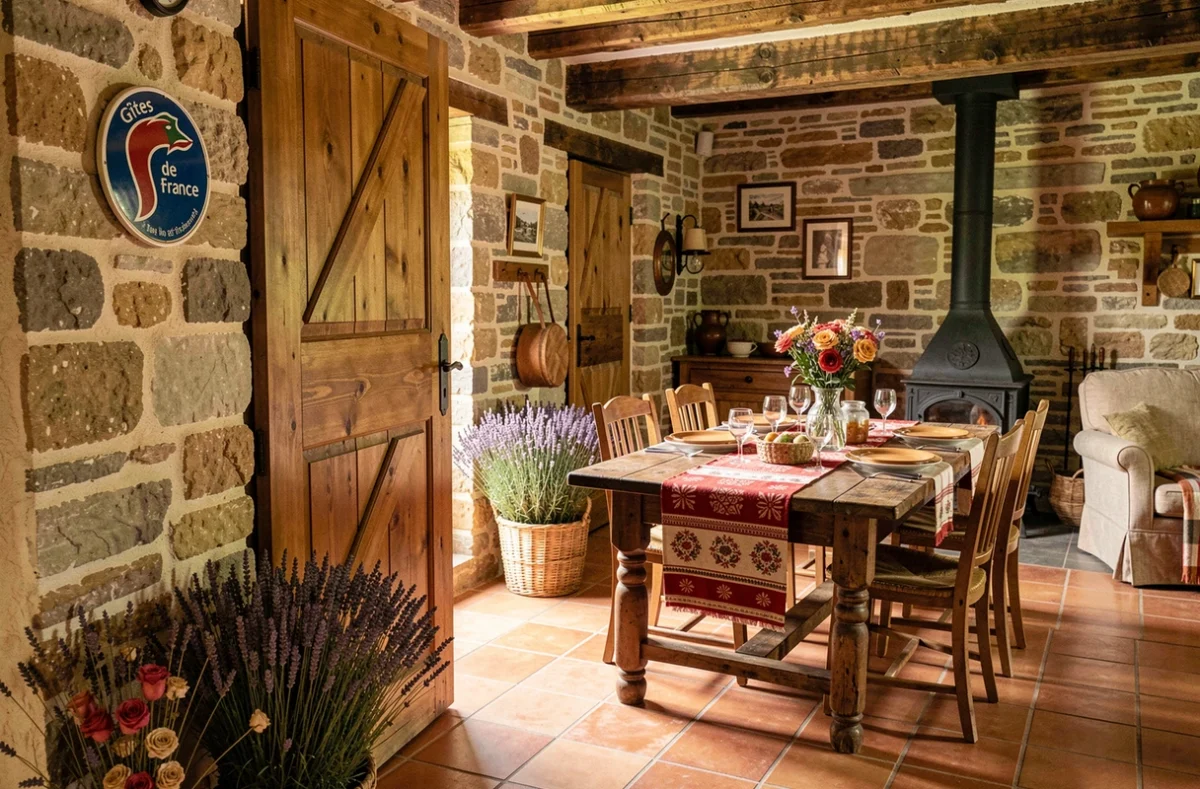 Intérieur d'un gîte labellisé Gîtes de France dans le Nord avec plaque officielle et décoration rurale authentique