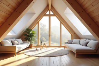 Espace de vie lumineux dans un grenier rénové avec poutres en bois