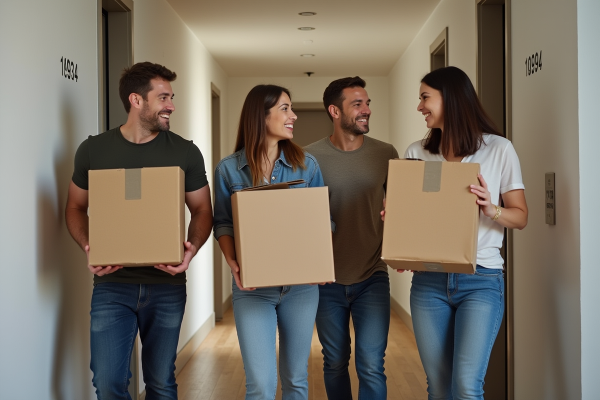 Groupe d'amis riant en déplaçant des cartons dans un appartement