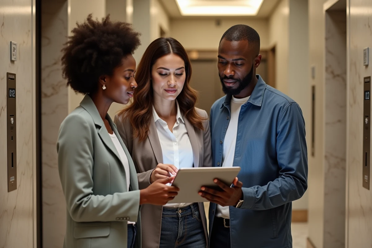Groupe de trois personnes examinant une tablette de securite dans un couloir