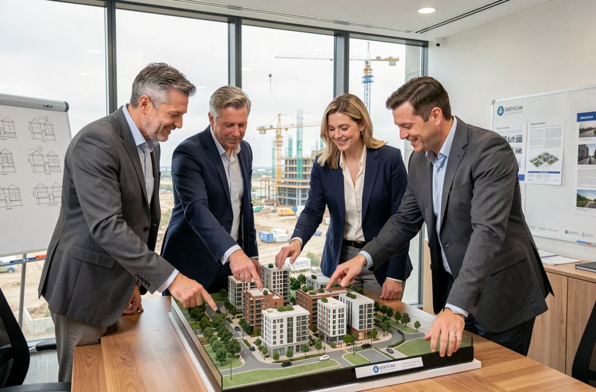 Équipe du Groupe Valor réunie autour d'une maquette de projet immobilier dans le Loiret