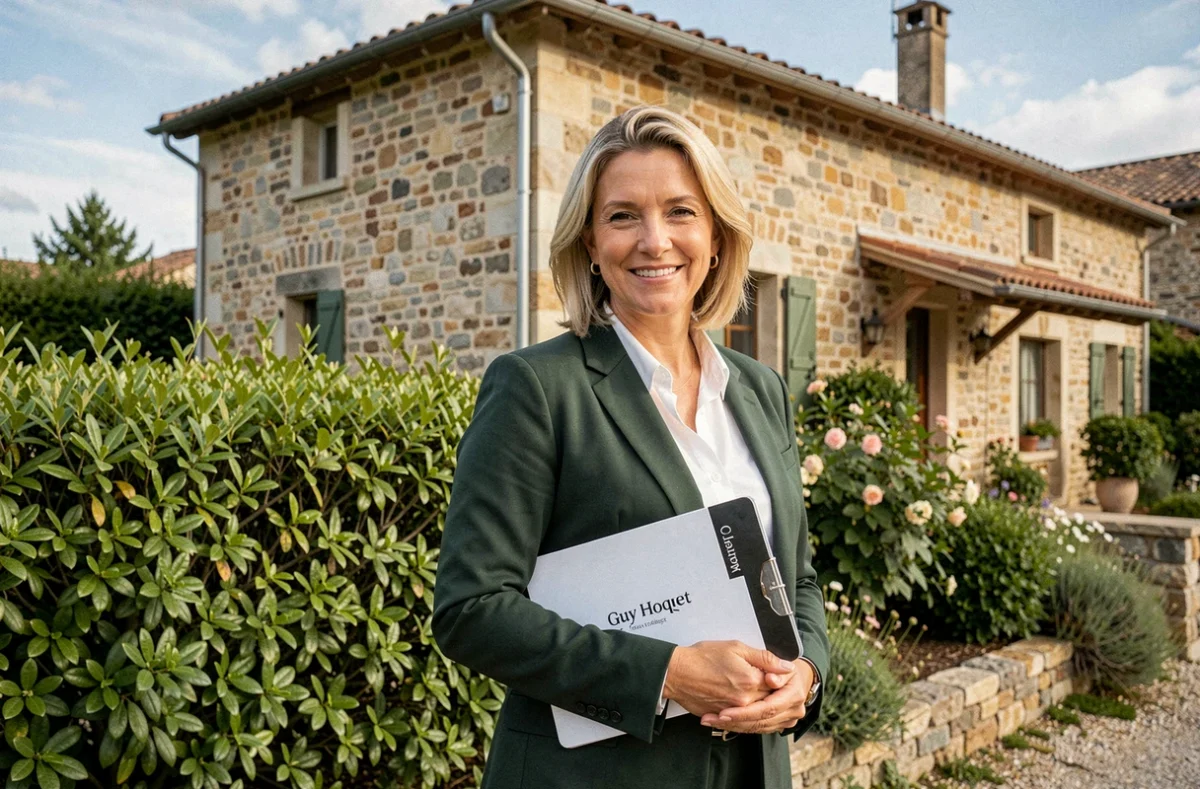 Agente Guy Hoquet immobilier debout devant une maison en pierre ardéchoise à vendre, tenant un dossier de l'agence