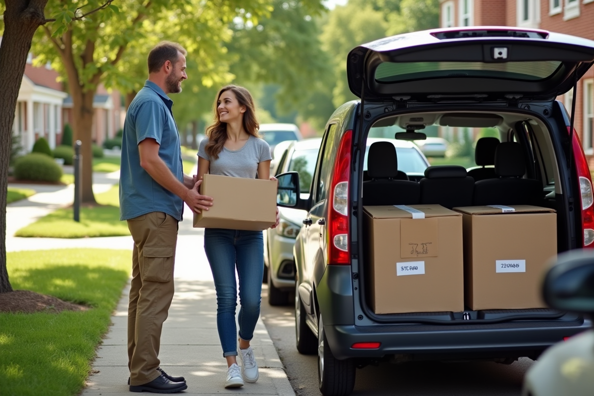 Homme aidant une jeune femme à charger des cartons dans une voiture