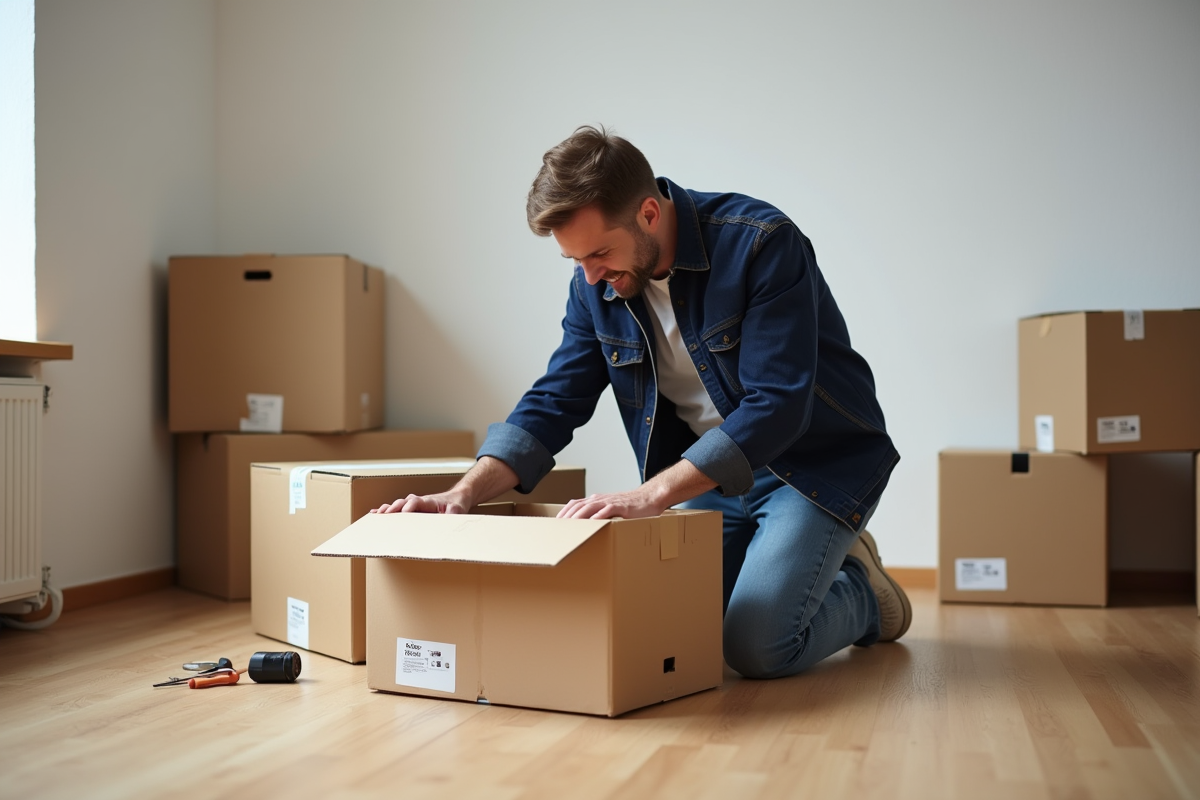Homme en train d'assembler une box de déménagement dans un appartement