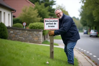 Homme attachant une declaration de travaux dans un jardin
