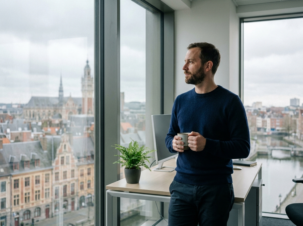 Homme d'affaires contemplatif devant une fenêtre panoramique avec vue sur les toits de Lille