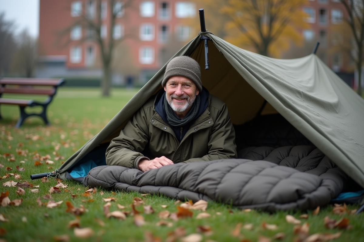 Homme arrangeant son sac de couchage dans un parc urbain