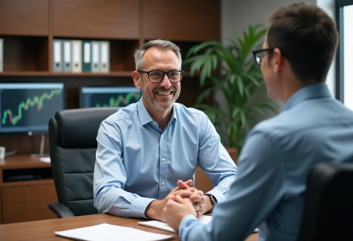 Homme en réunion avec conseiller financier au bureau