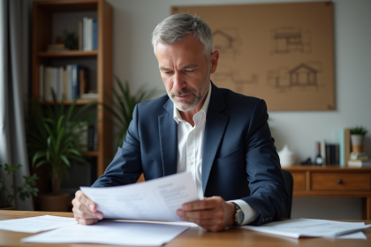 Homme d'âge moyen en costume bleu examinant des documents d'assurance construction