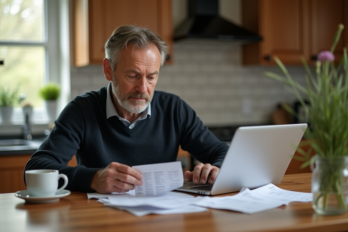 Homme organisant ses documents financiers à la maison