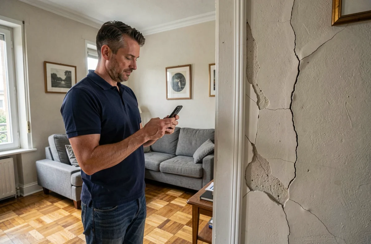 Homme photographiant des dégâts matériels dans son appartement pour une déclaration de sinistre