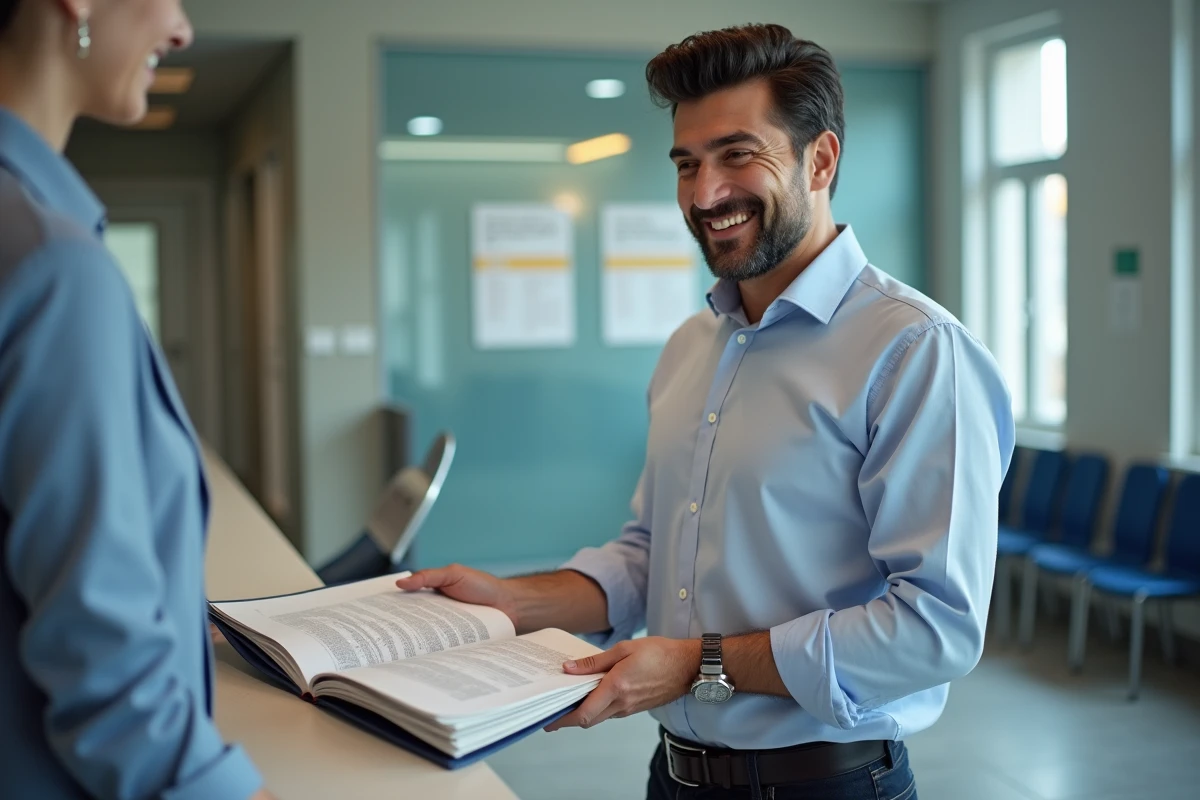 Homme présentant un dossier de documents à un comptoir administratif