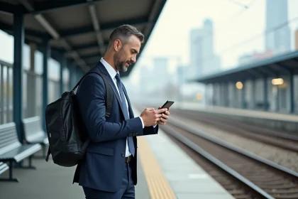 Homme en costume sur plateforme de train regardant son smartphone