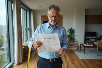 Homme d affaires regardant un listing immobilier dans un salon moderne