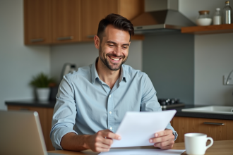 Homme d'âge moyen lisant des documents de prêt immobilier