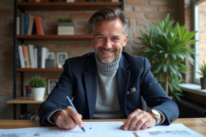 Homme en blazer bleu lisant des documents dans un appartement moderne