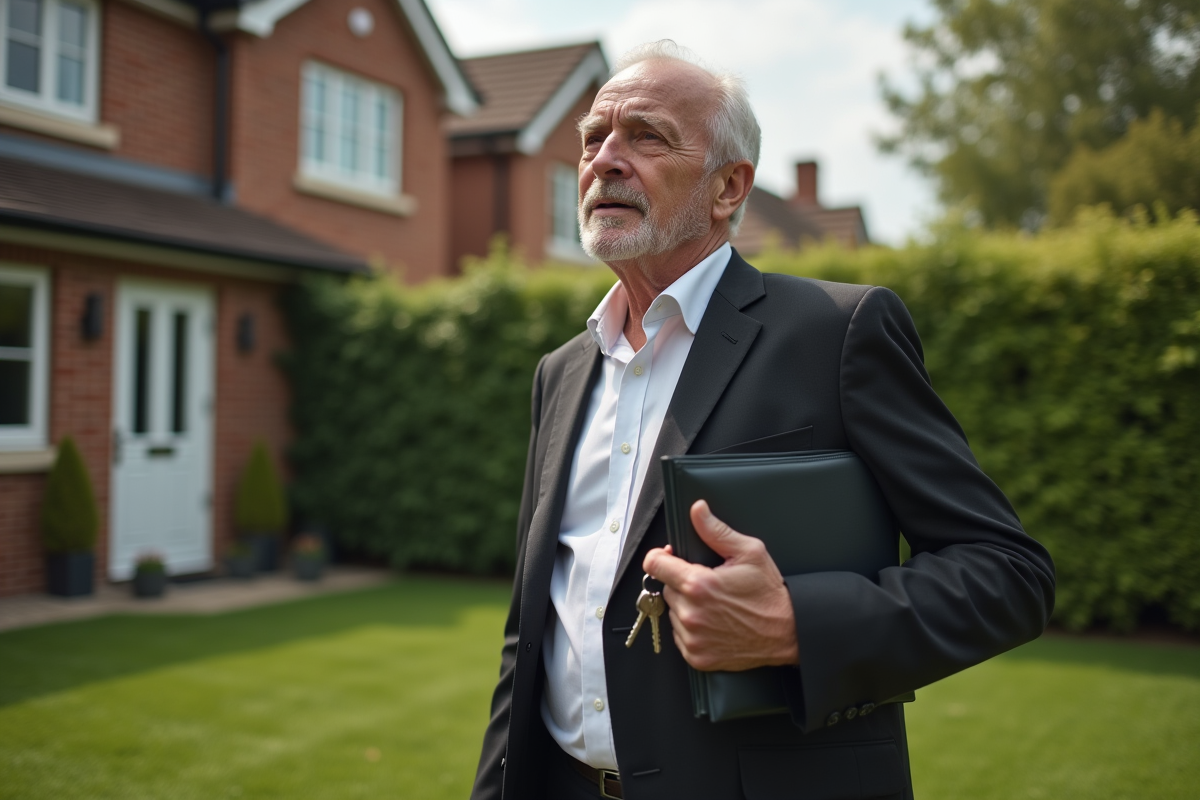 Homme d affaires avec clés devant une maison résidentielle