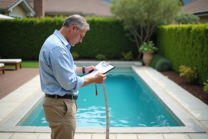 Homme mesurant la piscine dans le jardin avec un ruban