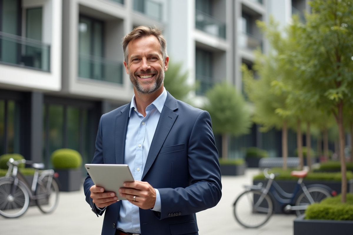 Homme souriant devant un immeuble résidentiel rénové en ville