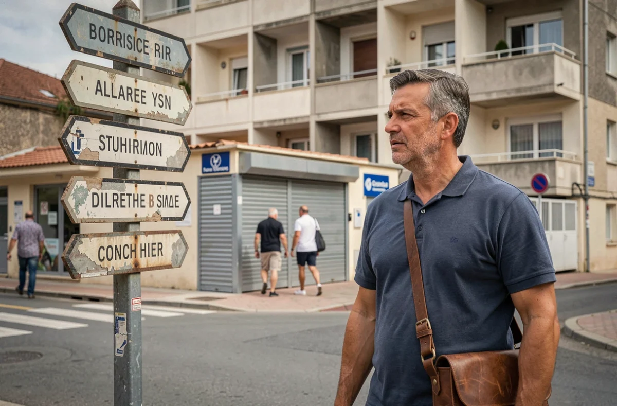 Homme consultant un panneau indicateur de quartier à Fréjus avant de choisir son logement dans une zone sécurisée