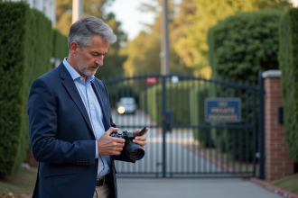 Homme d'âge moyen avec appareil photo devant une maison