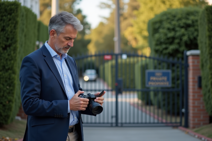 Homme d'âge moyen avec appareil photo devant une maison