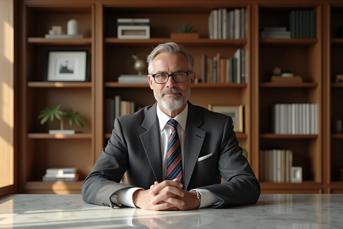 Homme en costume dans un bureau luxueux avec étagères