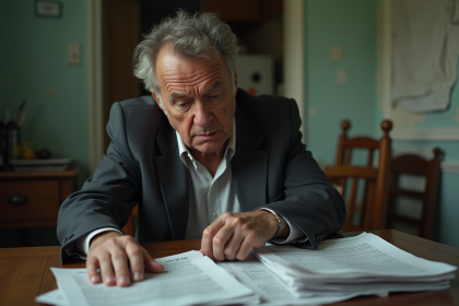 Homme d'âge moyen en costume examine des avis de loyer impayés