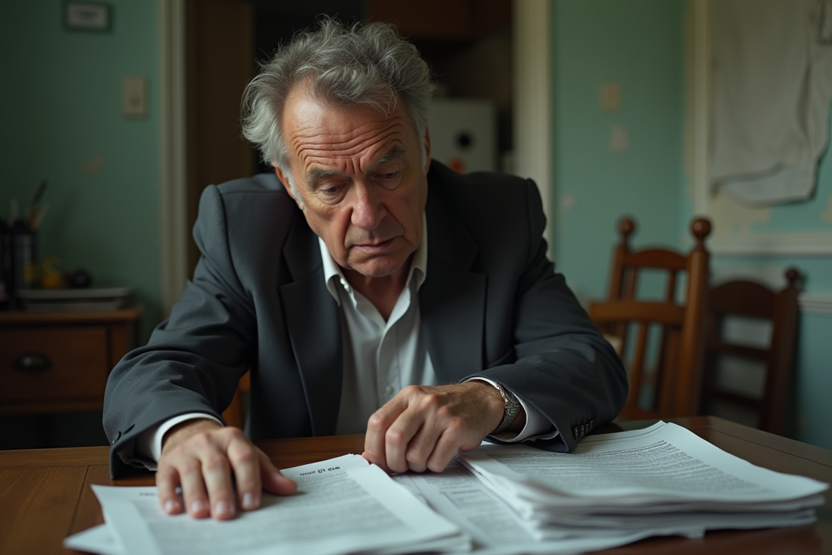 Homme d'âge moyen en costume examine des avis de loyer impayés