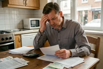 Homme seul face à des documents de crédit immobilier en indivision, stressé à sa table de cuisine