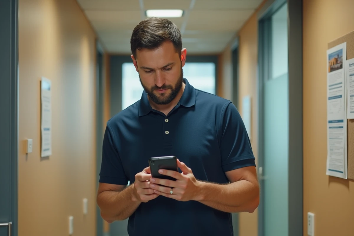 Homme vérifiant l'état de sa demande de logement social sur son smartphone dans un couloir administratif