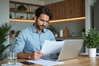Homme concentré travaillant à la maison avec documents et ordinateur