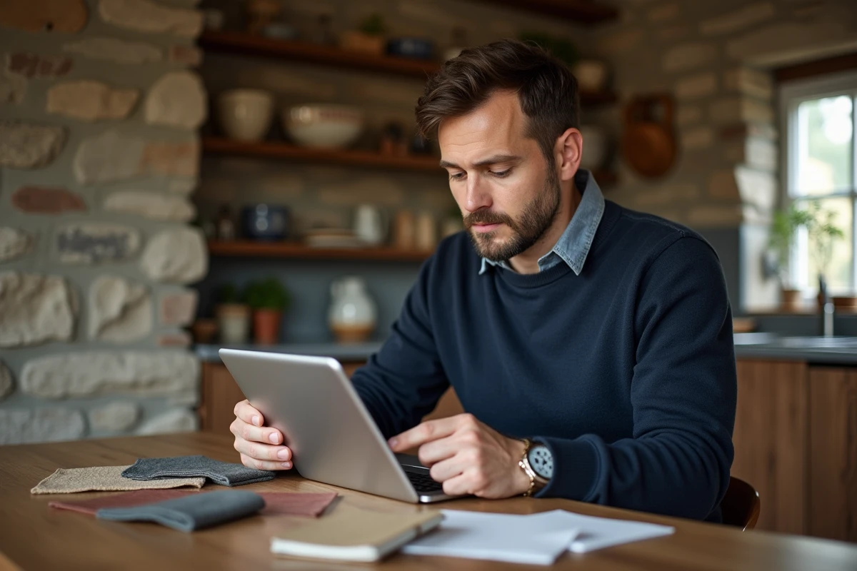 Homme dans la trentaine comparant des échantillons de matériaux avec une application habitat sur tablette dans une maison rénovée